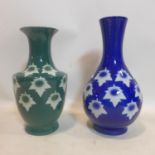 Two Chinese porcelain vases in blue and green glaze with leaf decoration, marks to bases, H.38cm H.