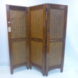 An early 20th century three rattan panelled folding room screen, 180 x 55cm