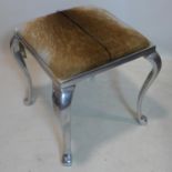 A contemporary chrome stool with animal hide upholstery, H.51 W.51 D.51cm