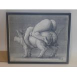 A monochrome print depicting the behind of a naked lady and pig, signed BK, 1989 bottom right,