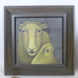 Margaret Neve, A framed oil on wooden panel depicting two stylised sheep's faces, entitled 'Mother