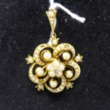 A mid-Victorian, 15ct yellow gold pearl and diamond floral pendant (with brooch fitting) set with