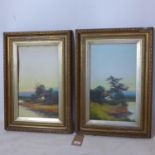 A pair of gilt-framed, 19th century oil on canvasses each depicting a dwelling by a river, each