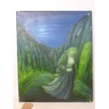 An oil on canvas depicting a lady walking at night with village in background, unsigned, 56 x 46cm