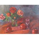 A gilt framed 20th century oil on canvas of a still life arrangement composed of a vase of roses and