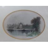 A framed and glazed 19th century, oval, hand-coloured engraving of Eton College, 12 x 17cm