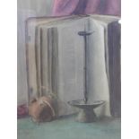 Isabel Veitch, Still life of book, water container and pricket stick, signed and dated 23.9.18 to
