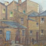 Jennifer Brown, A framed oil on canvas of red-bricked terrace houses, signed lower right, 30 x 29cm