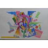 A large framed and glazed abstract colourful watercolour study on cartridge paper depicting fish,