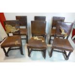 A set of six early 19th century oak dining chairs, in original studded leather and barley twist