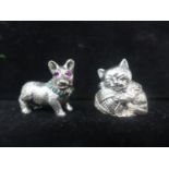 Two sterling silver miniature figurines of a cat with ball of string 2.3 x 2.5cm and a dog with ruby
