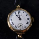 a 1940'S 9ct yellow gold cased Omega ladies wristwatch on black leather strap with white enamel dial