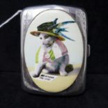 A sterling silver cigarette case with enamel panel depicting a suffragette cat, 8 x 6 x 1cm, 79.2g