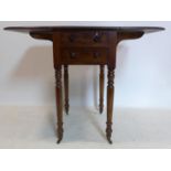 A 19th century mahogany drop leaf side table, with 2 drawers, raised on turned legs and castors