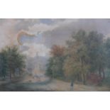 A 19th century gilt framed and glazed watercolour of an avenue with trees with church to distance,