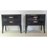 A pair of 1950's chests of drawers, with glass tops, raised on splayed legs, H.75 W.77 D.41cm