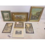 A collection of 7 prints and pictures, to include an oil on board of a boy fishing in a river, a