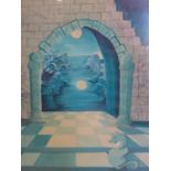 A framed and glazed watercolour of a moonlit scene through a stone archway, indistinctly signed,