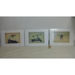 Three prints depicting car with hammer, Battersea Power Station with anatomical man, and fly with
