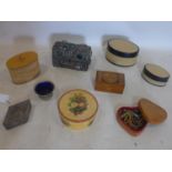 A collection of 9 decorative trinket boxes to include a white metals and agate studded casket 12 x