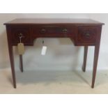 A 19th century inlaid mahogany writing table, with 3 drawers, raised on tapered legs, H.76 W.100 D.