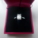 A boxed 18ct white gold emerald-cut diamond solitaire ring of 1.1 carats, size: P, 2.9g