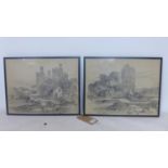Two early 20th century pencil and chalk studies, depicting 'Flint castle' and 'Conwy castle' in
