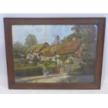 A 20th century large oak framed print of a cottage scene, 55 x 75cm