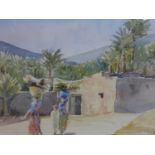 20th century school, Women carrying water with palm trees to the background, watercolour, signed