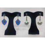 Two pairs of sterling silver earrings - blue purple enamel and marcasite example L: 5cm and