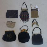 A mixed collection of vintage purses to include a fringed, beaded example