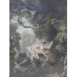 After Fragonard, 'The Swing', hand coloured engraving, 56 x 43cm
