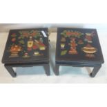 A mid 20th century pair of Chinese black lacquered occasional tables decorated with hand-painted