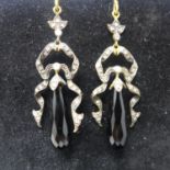 A boxed pair of yellow gold, diamond and faceted jet drop earrings, L: 5.5cm, Gross: 6.7g
