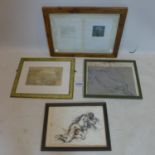 A collection of four paintings and prints, to include two sketches of nude ladies, monogrammed P.