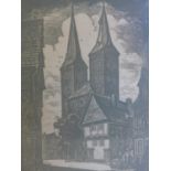 Fritz Rohrs (German, 1896-1959), A church in a Continental street scene, woodcut print, signed and