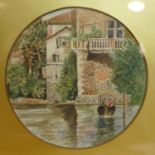 An early 20th century gilt-framed and mounted circular watercolour of a canal scene with two figures