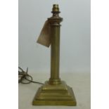 A 19th century, brass column table lamp on squared plinth base, 41.5cm