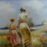 20th century Continental school, 'Motherly Love...', a mother and her child in a field, oil on