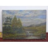 An early 20th century oil on canvas of a river landscape with grazing sheep, unsigned, 20 x 30cm
