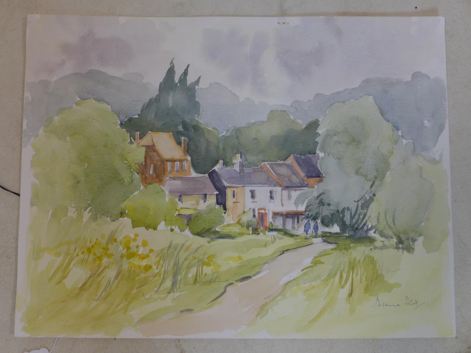 Diana Scott, Houses in a country landscape, watercolour and pencil, signed in pencil to lower right,