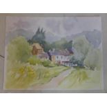Diana Scott, Houses in a country landscape, watercolour and pencil, signed in pencil to lower right,