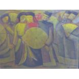 A framed Vietnamese abstract oil on canvas depicting dancing figures with fans, signed 'Vhanh',