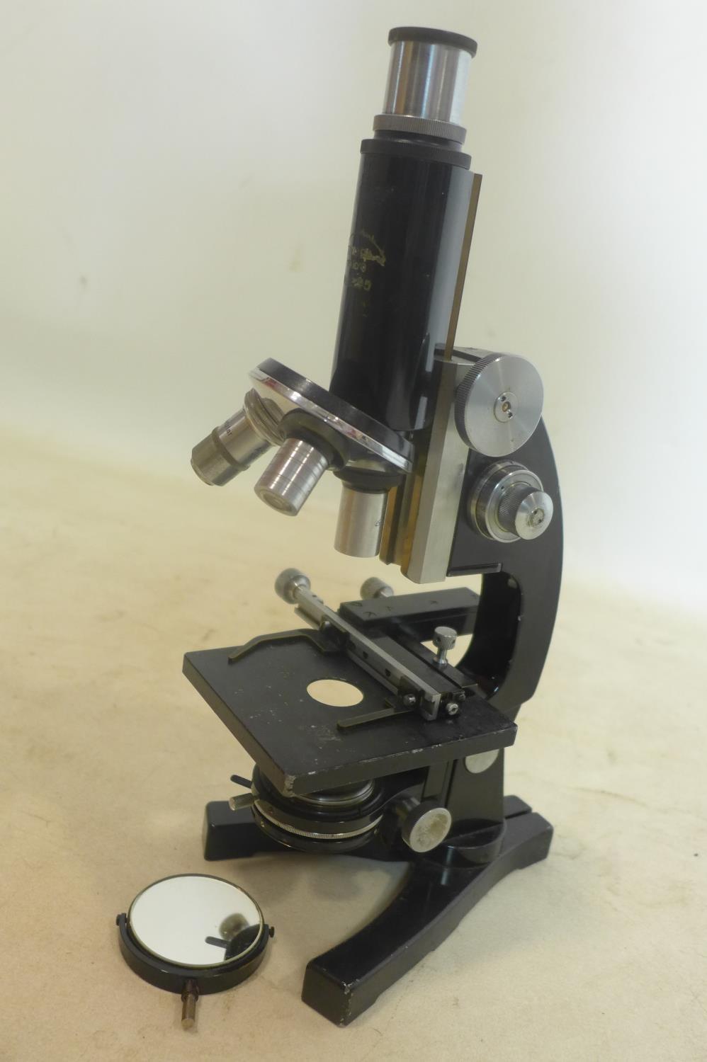 A vintage Japanese Tiyoda Tokyo MKO microscope, no.12295, H.34cm, in original wooden box