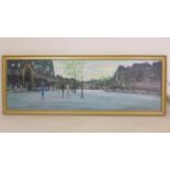 A gilt framed oil on board of a city scene with passers by, indistinctly signed bottom right, 19 x