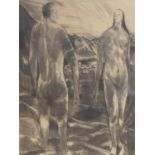 A mid 20th century etching of a nude male and female, indistinctly signed and with stamp B&B, 30 x