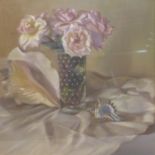 Louis de Saeger (1908-1988), Still life of pink roses in a vase and sea shells, signed lower left,