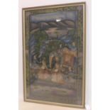 An Indian painting on linen depicting a procession of figures and an elephant, within floral border,