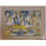 A mounted abstract oil on canvas of two boats by seaside dwellings, 'Joan M Maisey' to reverse, 35 x