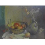 Wim Borkent (1905-1981), still life of fruit in a bowl and flowers in a vase, oil on board, signed